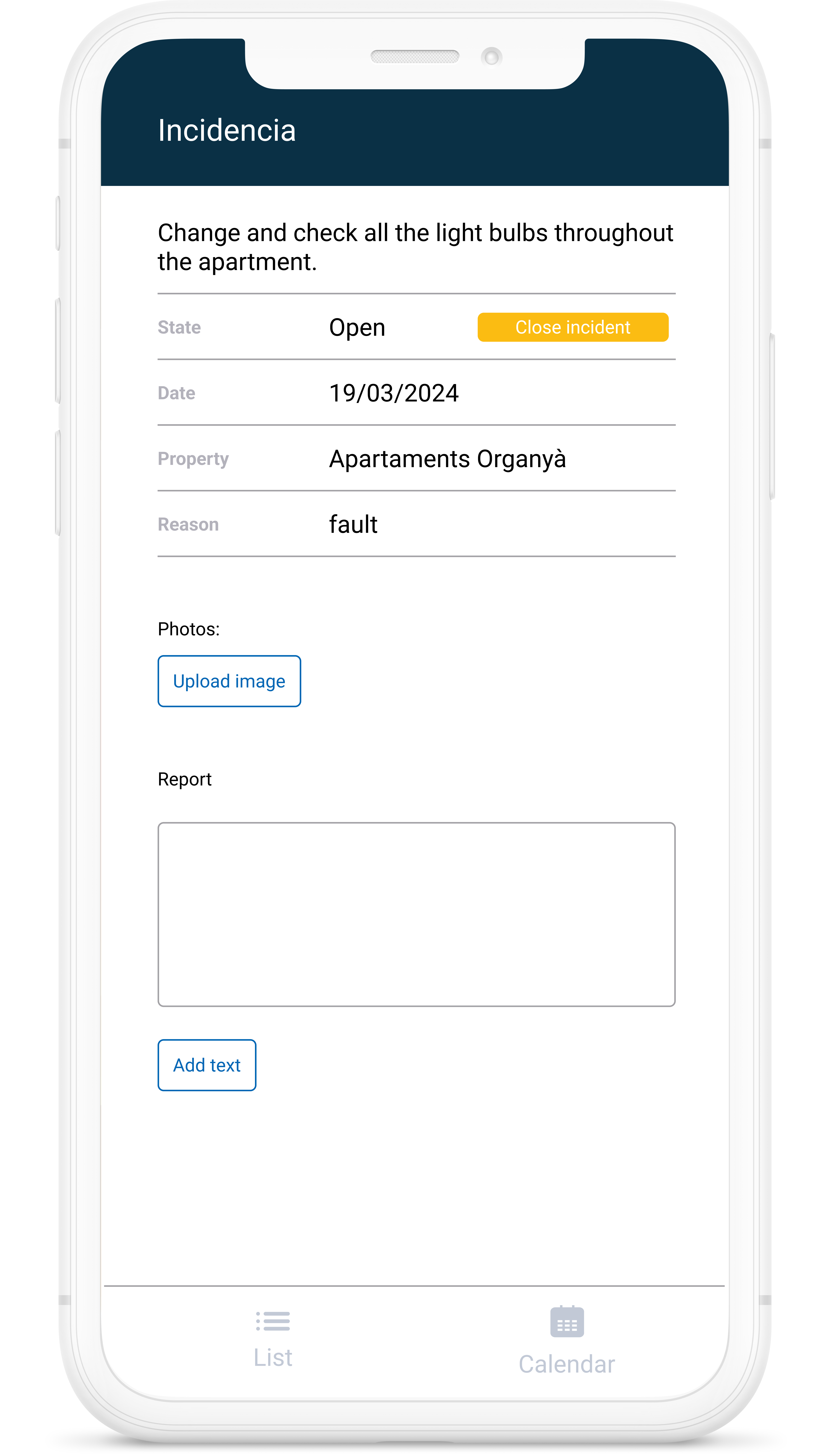 Dispositiu mòbil on es mostra la fitxa d'incidència podreu veure el detall del problema a resoldre dins de l'app